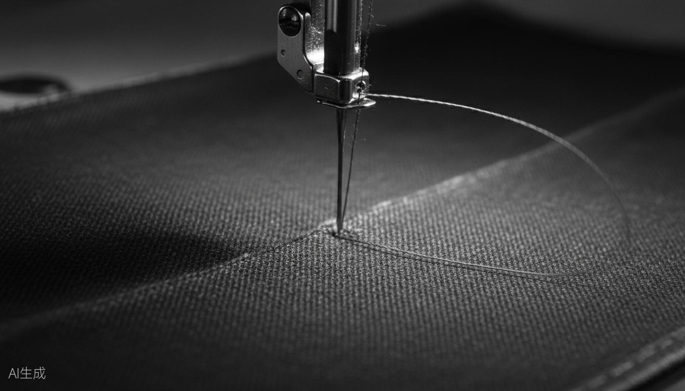 Close-up of industrial sewing machine stitching dark fabric at DALI factory